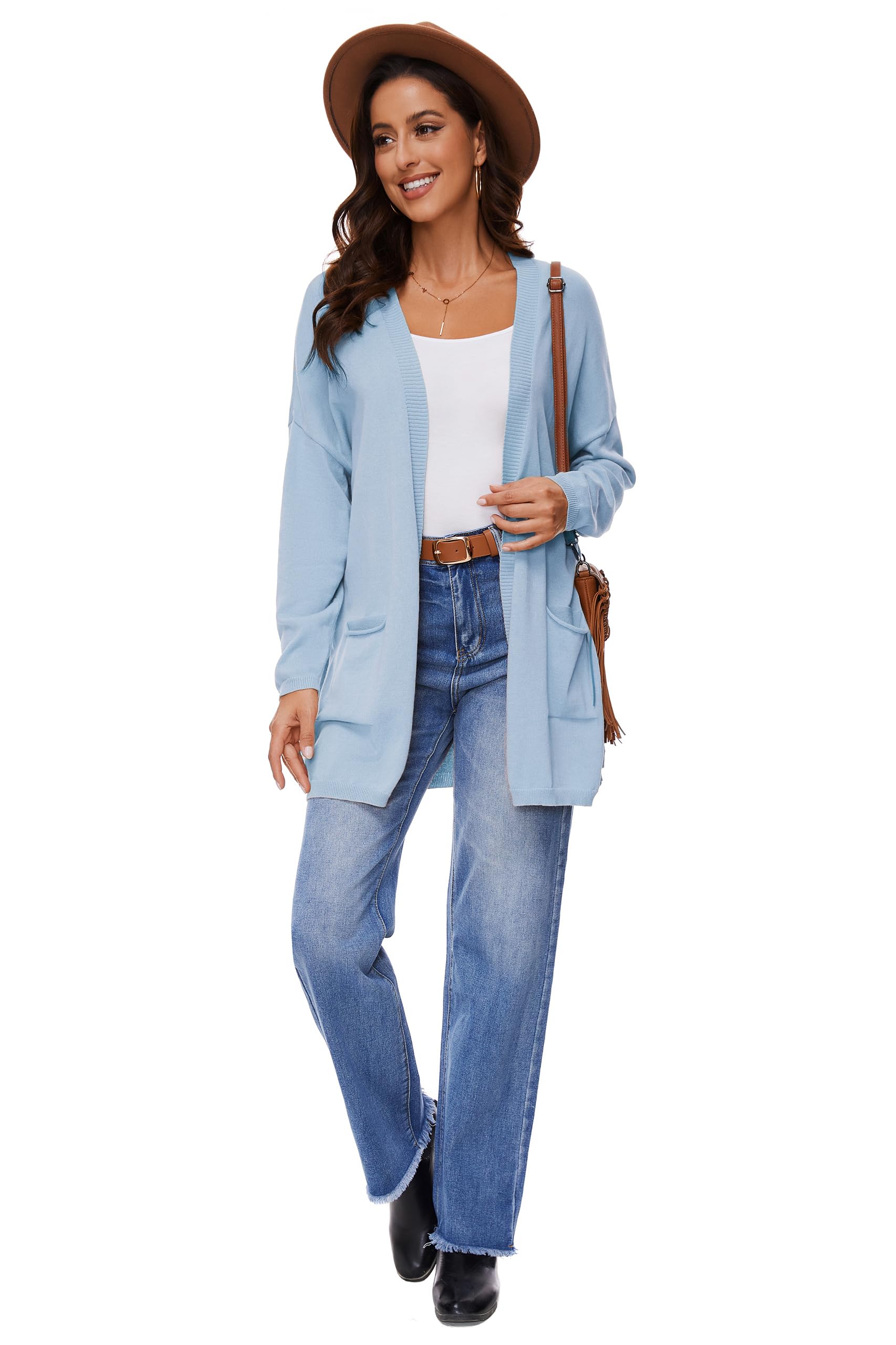 Cardigan Aperto in Cotone 100% per Donna con Tasche, Maniche Lunghe, Morbido, Oversize, Maglione Casual da Donna, Blu Chiaro, S
