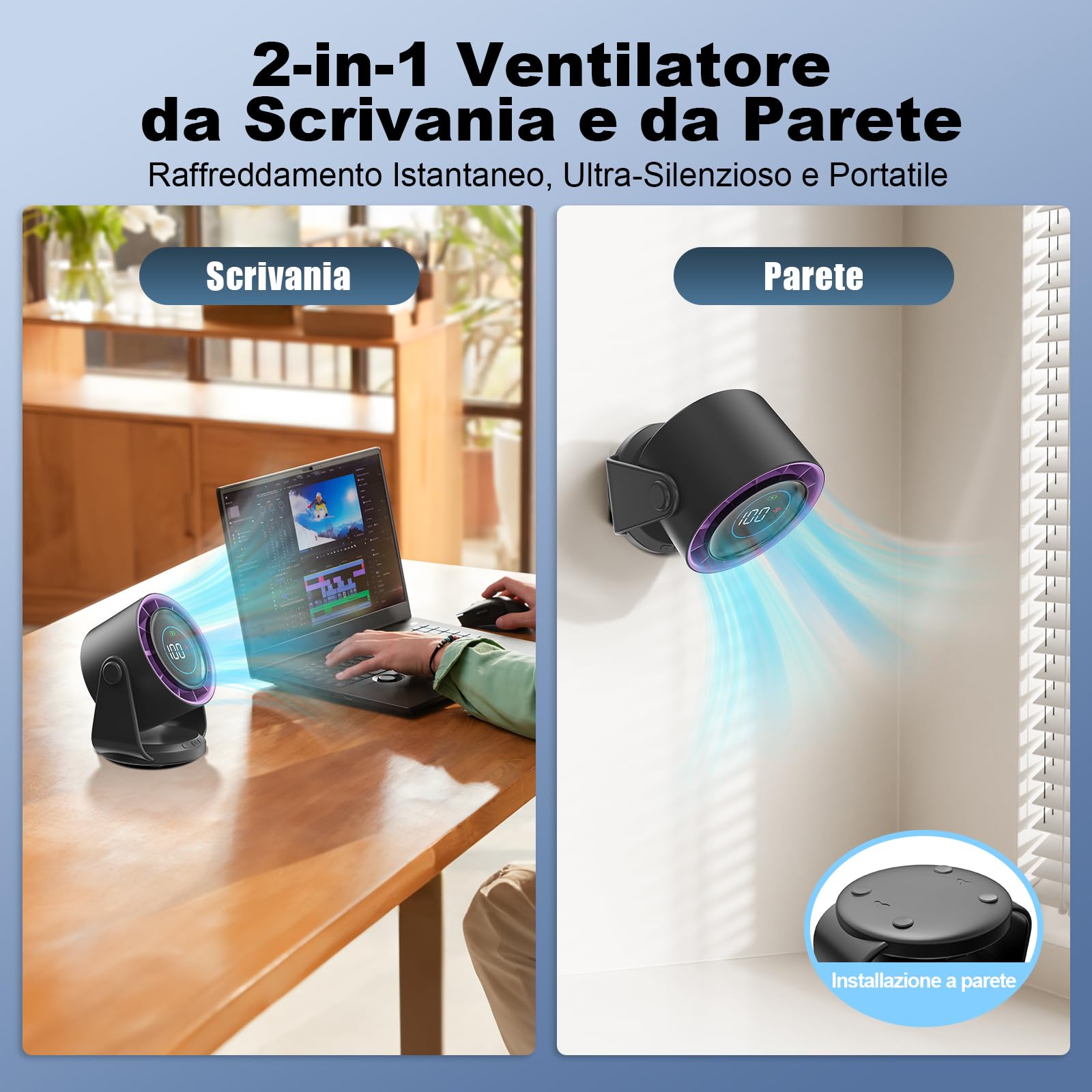 Ventilatore da Tavolo Silenzioso, Potente e Regolabile | Display LED, 11 velocità, 5400 mAh| ventilatore da parete Inclinazione variabile a 105° Per Camera, Soggiorno, Cucina, Scrivania,Campeggio
