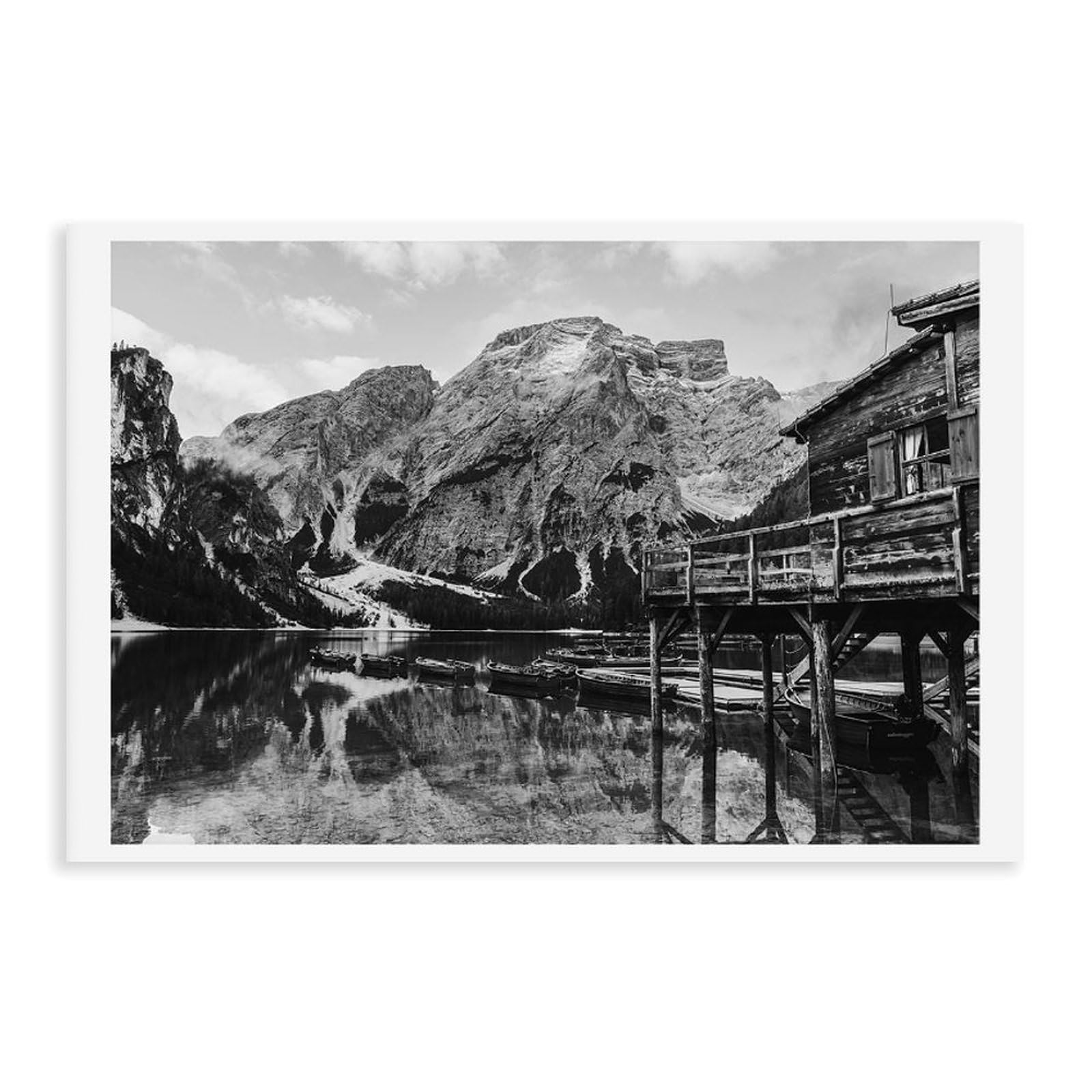 HEYANM Lago Di Braies Print Black And White Dolomites Boathouse Canvas Poster Bedroom Office Room Decor Gift Unframe 16x24inch