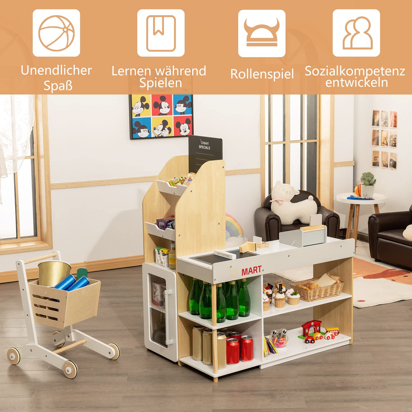 DREAMADE Supermarket mit Einkaufswagen & Kasse & Kreidetafel & Holzwährung, Kaufladen aus Holz, Kaufmannsladen für Kinder ab 3 Jahren