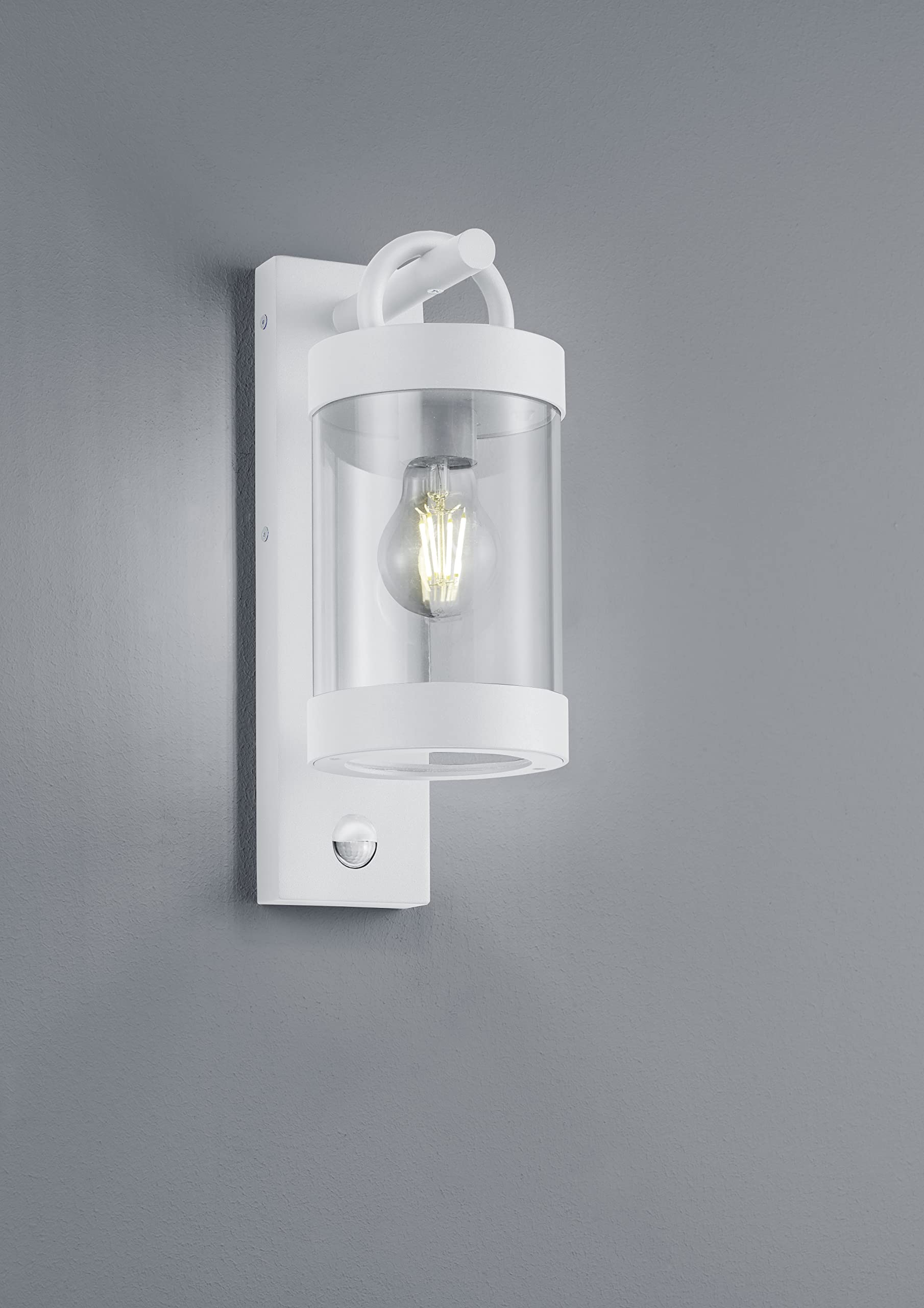 TRIO, Aplique, Sambesi 1xE27, max.28,0 W Plástico, Transparente claro, Cuerpo: Aluminio fundido, estera blanca A:12,5cm, A:33,0cm, P:18,0cm Sensor de movimiento,Montaje de la pared,IP44