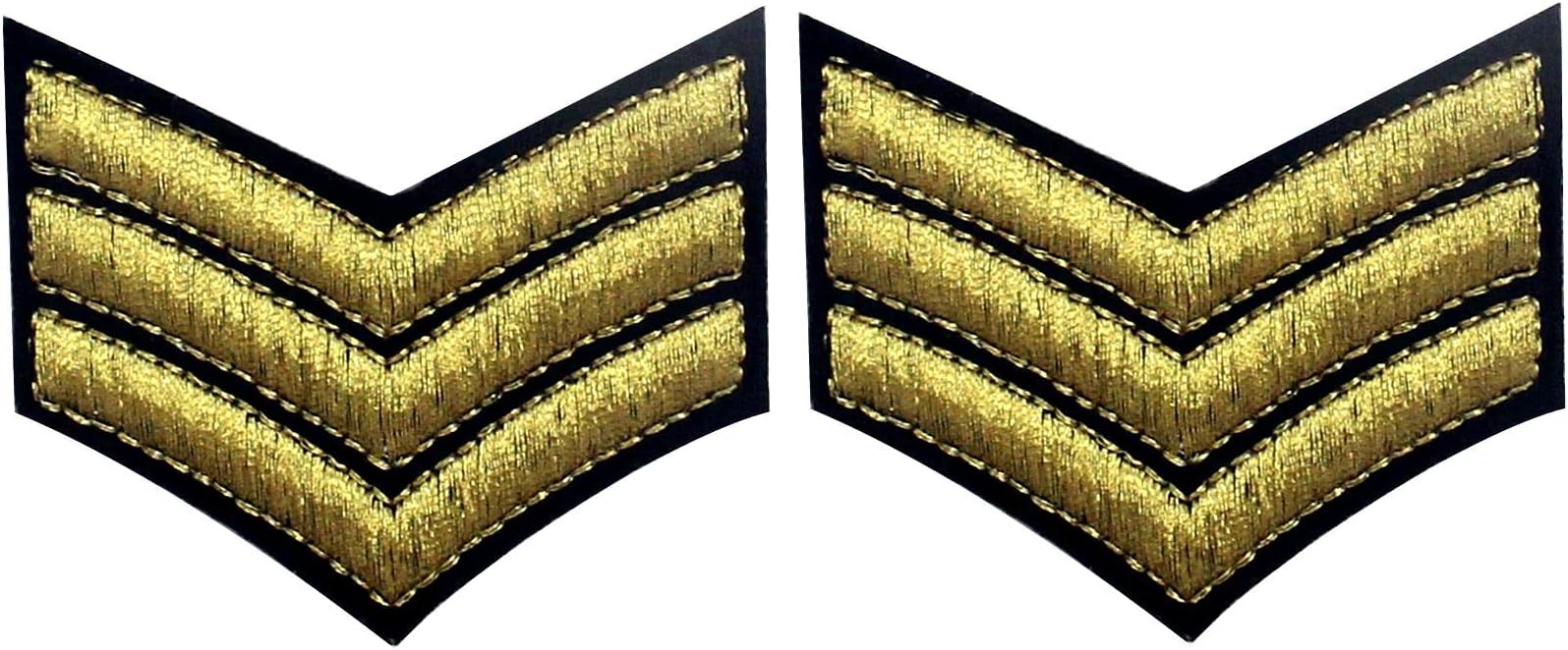 Military Uniform Chevrons Sergeant Stripes Army Patch Embroidered Arms Badge Morale Applique Emblem Fastener Hook and Loop Shoulder Emblem, Gold, 2PCS