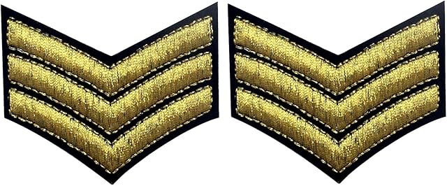 Military Uniform Chevrons Sergeant Stripes Army Patch Embroidered Arms Badge Morale Applique Emblem Fastener Hook and Loop Shoulder Emblem, Gold, 2PCS