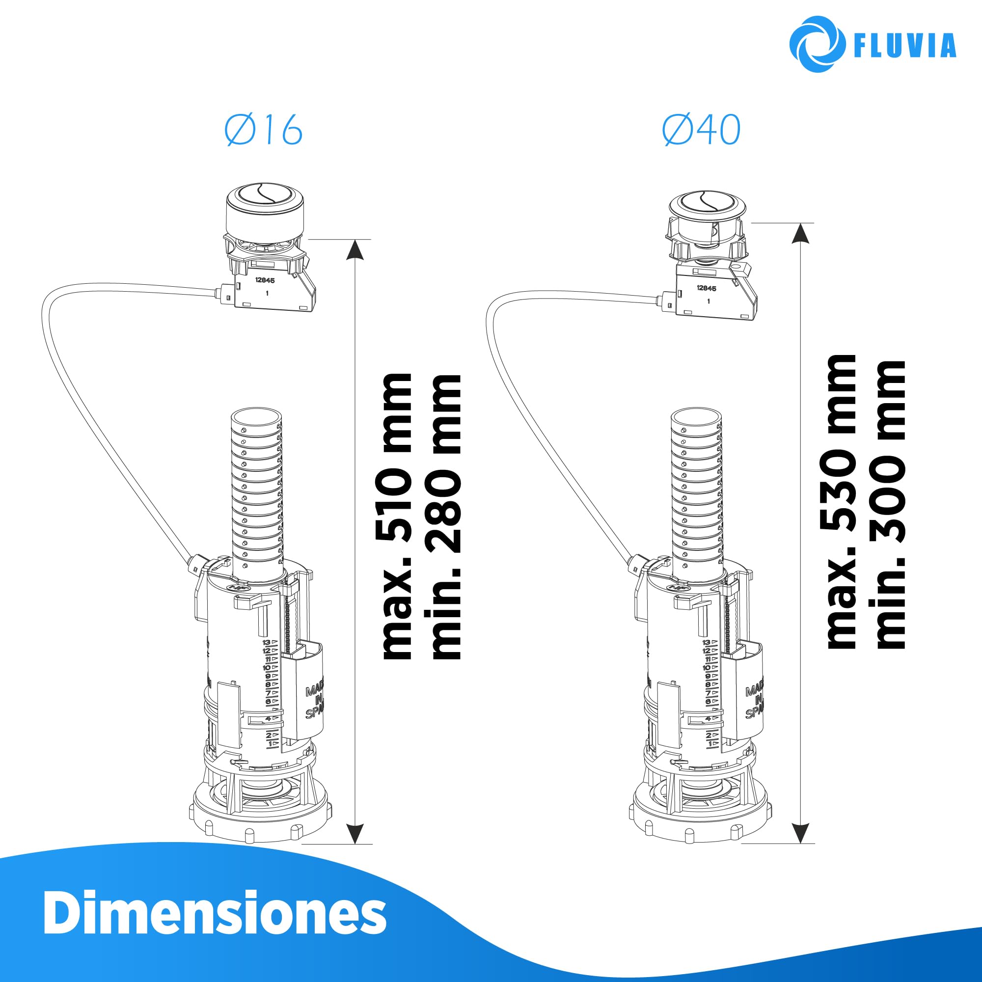 Mecanismo de Descarga Dual para Cisterna, Universal con Cable, 2 Pulsadores Cromados, Ahorro de Agua, Blanco y Azul, Fluvia