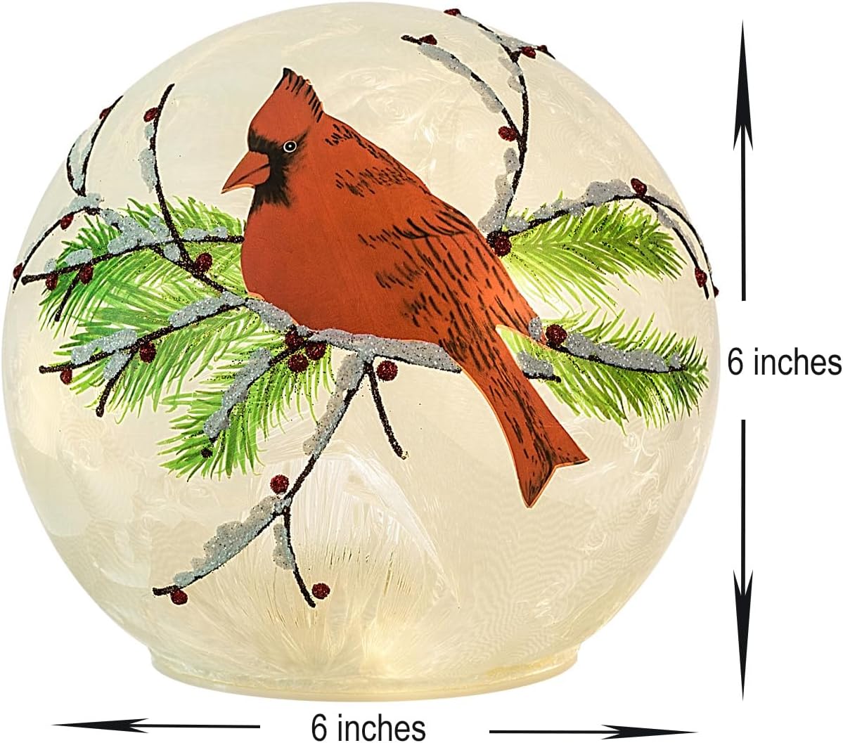 Haute Decor Cardinal Christmas Globe with Battery-Operated Timer and 15 Warm White LED Lights 6 Inch Diameter