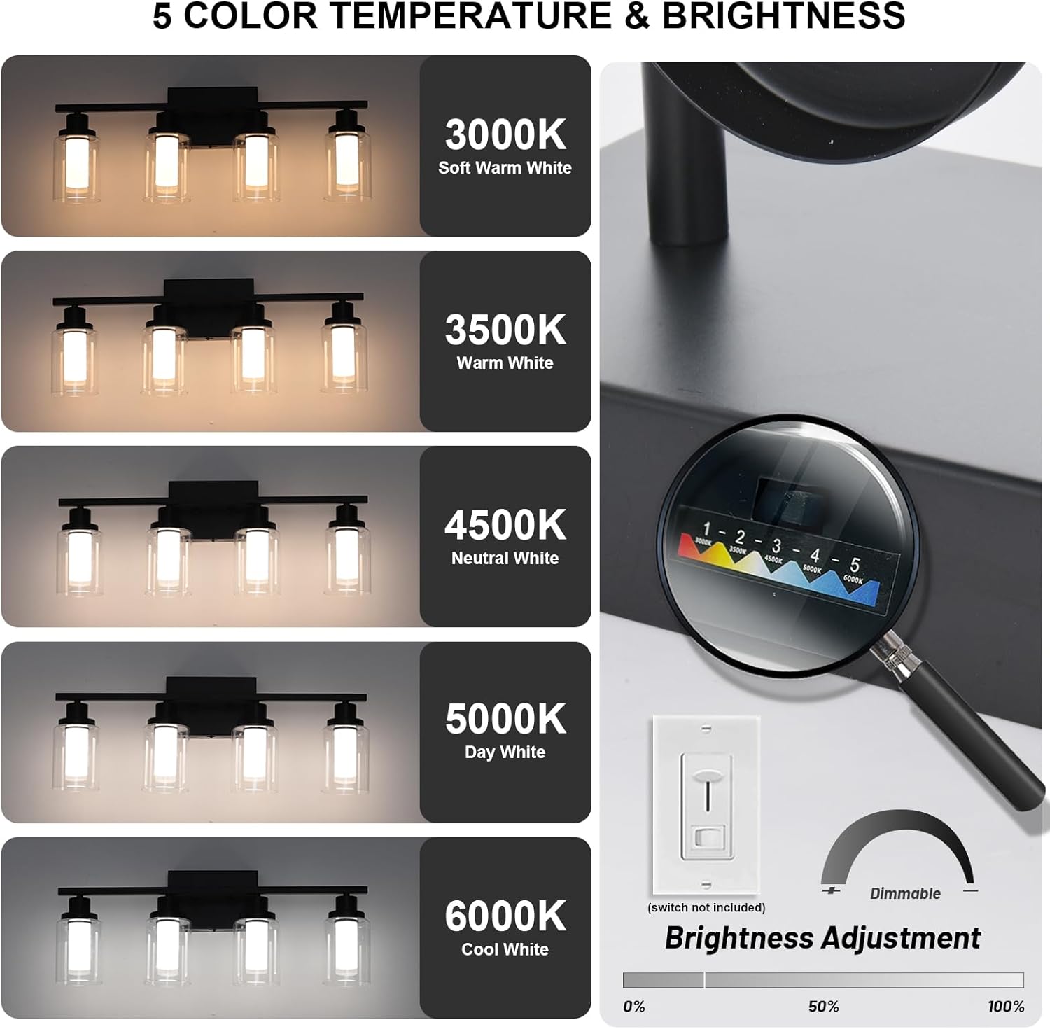 3-Light 5CCT LED Bathroom Light Fixture in Matte Black Finish, Modern Vanity Lighting Over Mirror with Clear Glass & Frosted Colunm