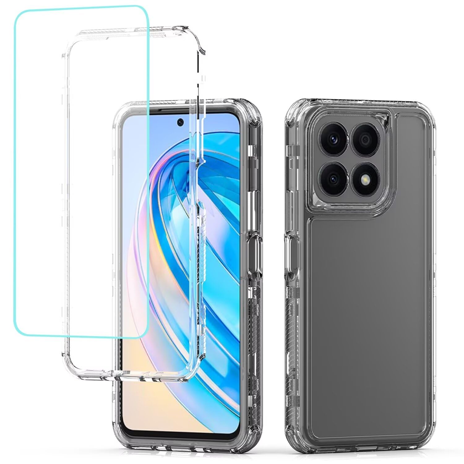 for Honor X8A CRT-LX1 Case with Tempered Glass Screen Protector, Crystal Clear Full Body 3 Layer Heavy Duty Protective Phone Cover for Honor X8A 4G Clear