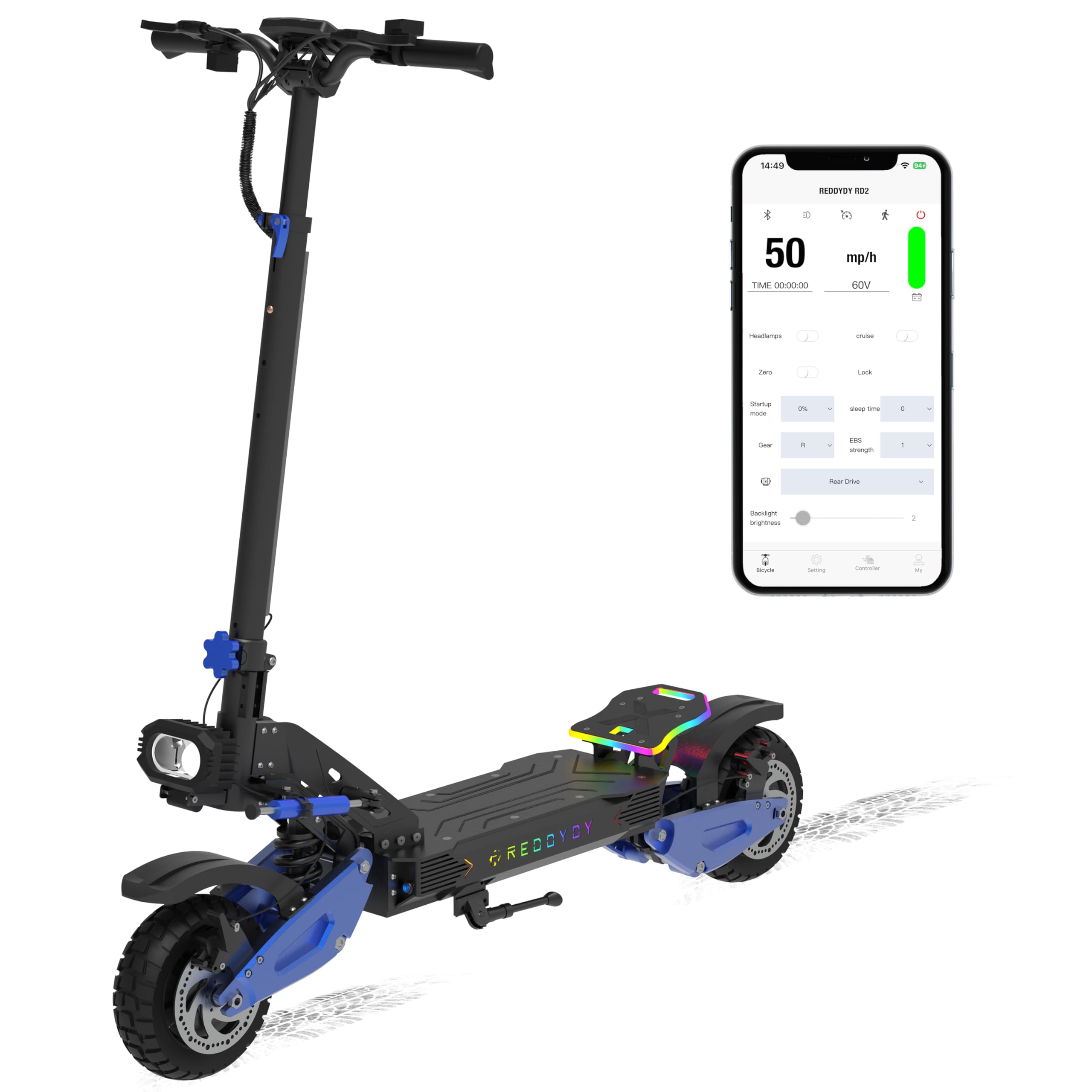 REDDYDY RD2 5000W Off-Road Electric Scooter for Adults - 50 MPH,60V 25Ah Battery,55-Mile Range,Dual Motor, 10.5