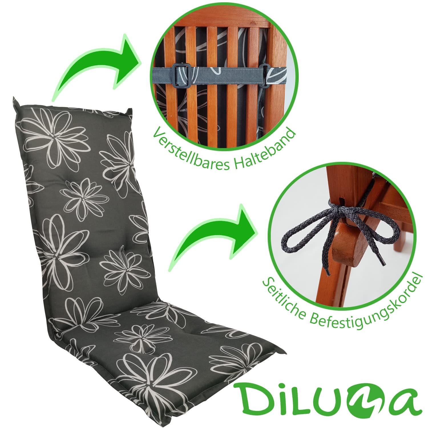 DILUMA Hochlehner Auflage Naxos für Gartenstühle 4er Set 118x49 cm Blume Schwarz - 6 cm Starke Premium Stuhlauflage mit Komfortschaumkern - Sitzauflage Made in EU