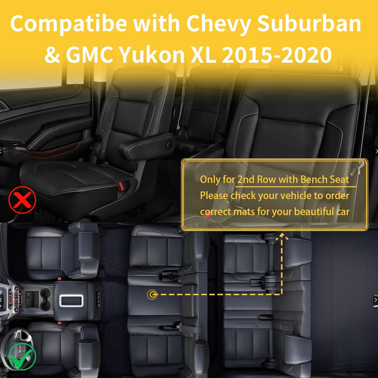 GINOWY-Floor Mats & Cargo Liner for Chevy Suburban/GMC Yukon XL 2015-2020 (2nd Row with Bench Seat), TPE All Weather Suburban Car Mats, Custom Non-Slip Trunk Mat Liners Suburban Accessories Black - Image 5