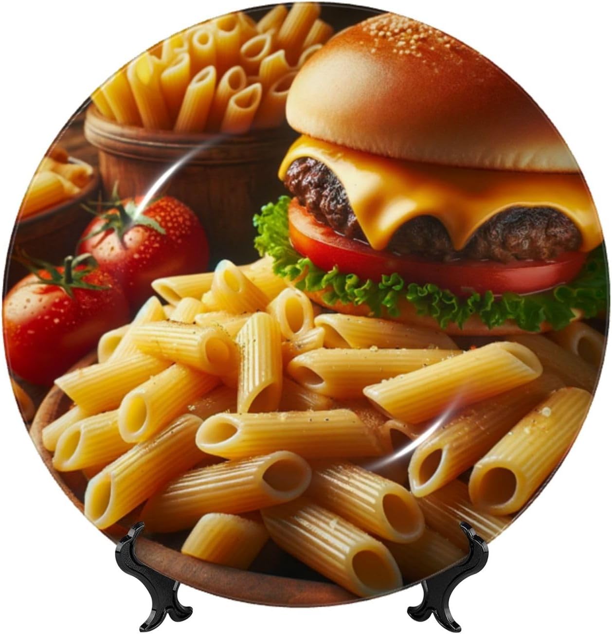 Hamburger-Cheese-Penne-Pasta 10 Inch Decorative Plate With Stand, Elegant Display Wall Plate For Home Decor