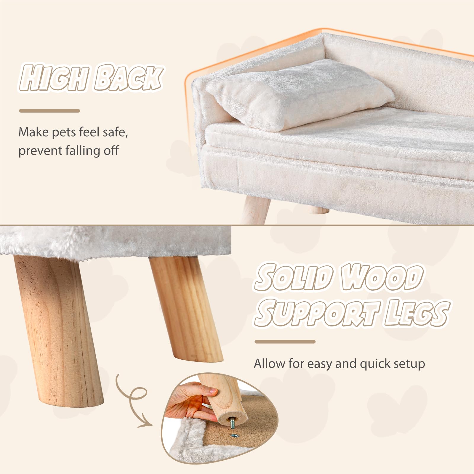 SOARS Canapé pour Chien Chat, Lit Surélevé avec Dossier Haut, Coussin et Pieds en Bois Massif, pour Moyens/Petits Chiens, 71 x 43 x 40 cm, Beige