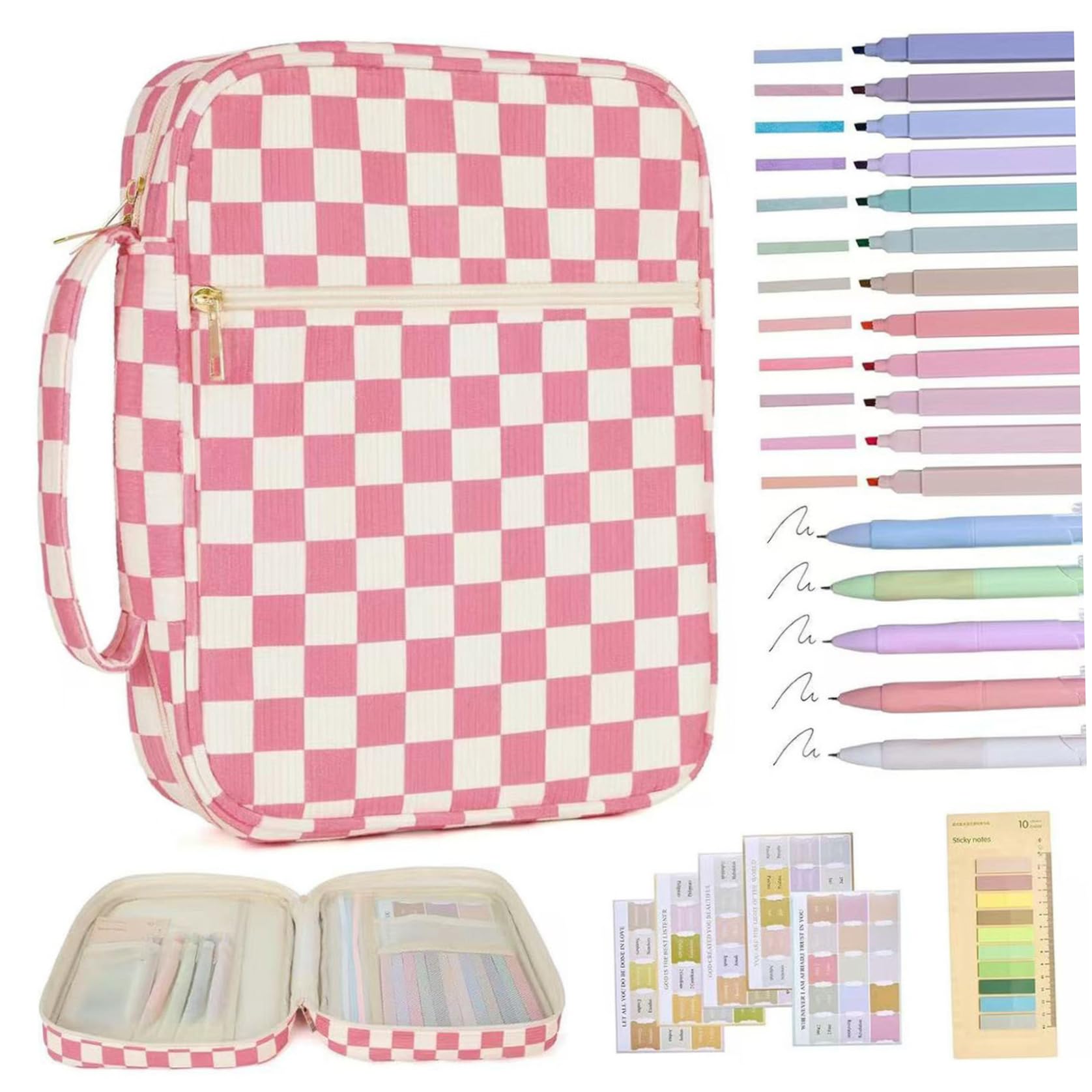 Bible Carrying Case Checkered Pattern Bible Cover Case with 75 Bibles Sticker, 200 Tabs, 5 Gel Ink Pens and 12 Highlighters for Woman Rose Red