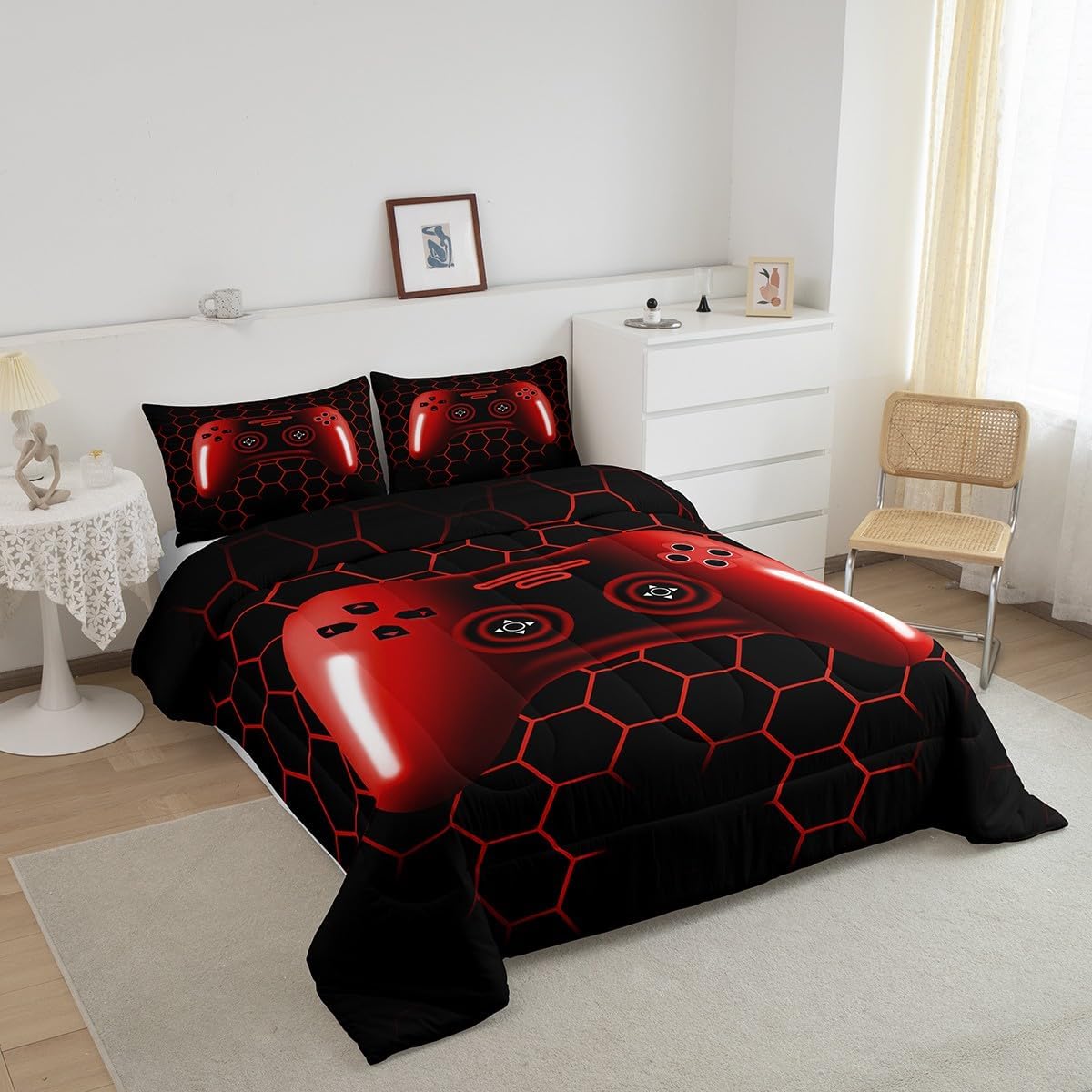 Erosebridal King Bed Comforter Sets for Boys Kids Red Gaming Bedding Set Cool Gamer Bedding Comforter Sets Black Honeycomb Geometric Game Comforter Red Black Ombre Video Game Bed Set 2 Pillow Cases