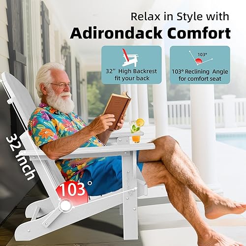 Miniatura 5 de Juego de 2 sillas plegables Adirondack de plástico HDPE con soporte para tazas y agujero para paraguas, sillas de exterior con textura de madera