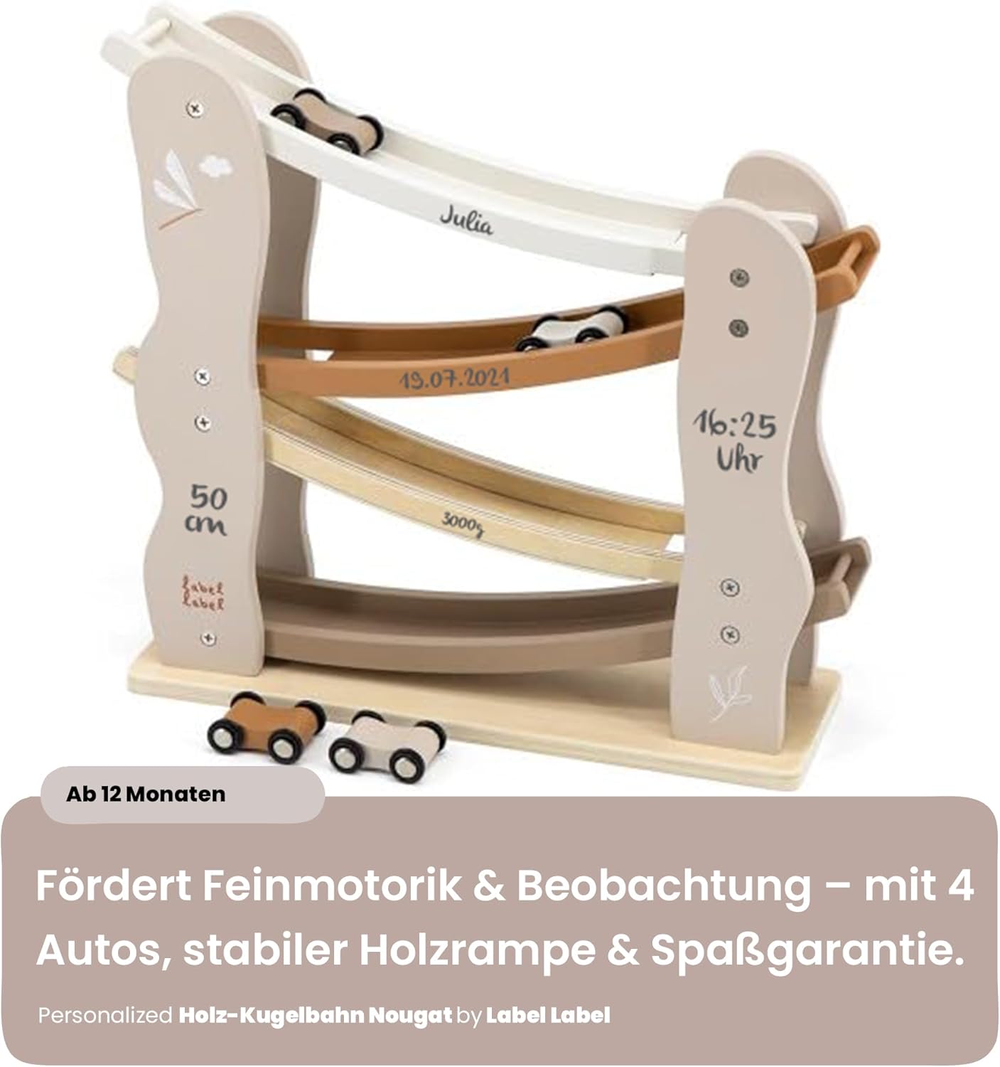 Wooden Marble Run Nougat from 1 Year - Personalised with Name & Birth Data - Wooden Marble Run with Heart - Toy from 1 Year - Christening Gift & Gift for Birth for Boys and Girls
