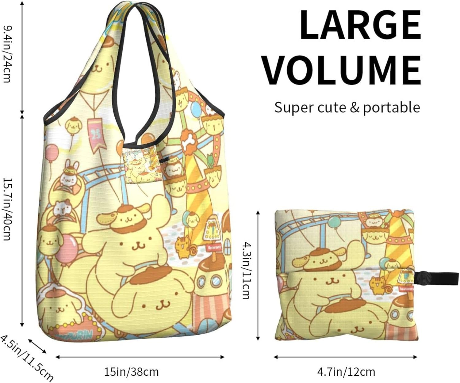 [NEKKII] ポムポムプリン エコバッグ ショッピングバッグ 大容量 ポーチ付き 折りたたみ コンパクト収納 おしゃれ ギフト