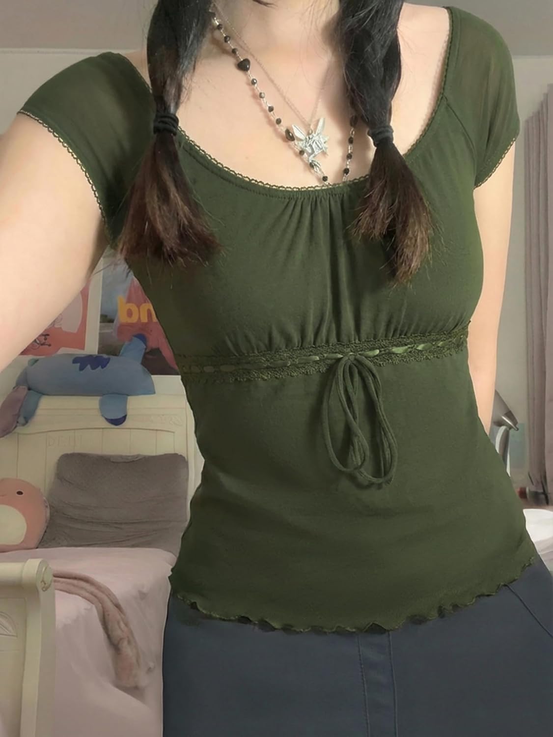 Y2K Mesh Top Women Babydoll Short Sleeve Shirt Scoop Neck Ruffle Hem Clothes - Image 2