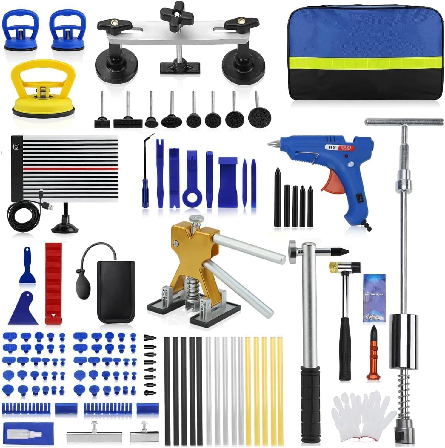 RVGIVE 128 PCS Car Paintless Dent Repair Kit witk Gold Lifter, Reflector, T-Hammer Puller, Suction Cup Lifter, Hand Held Replaceable Hammer for Repairing Minor and deep dents in auto.