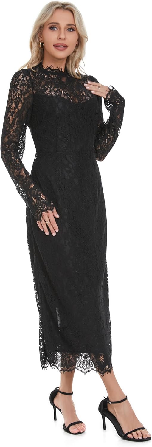 Women's Long Sleeve Lace Floral Elegant Cocktail Ocassion Party Midi Dress Wedding Guests Dress