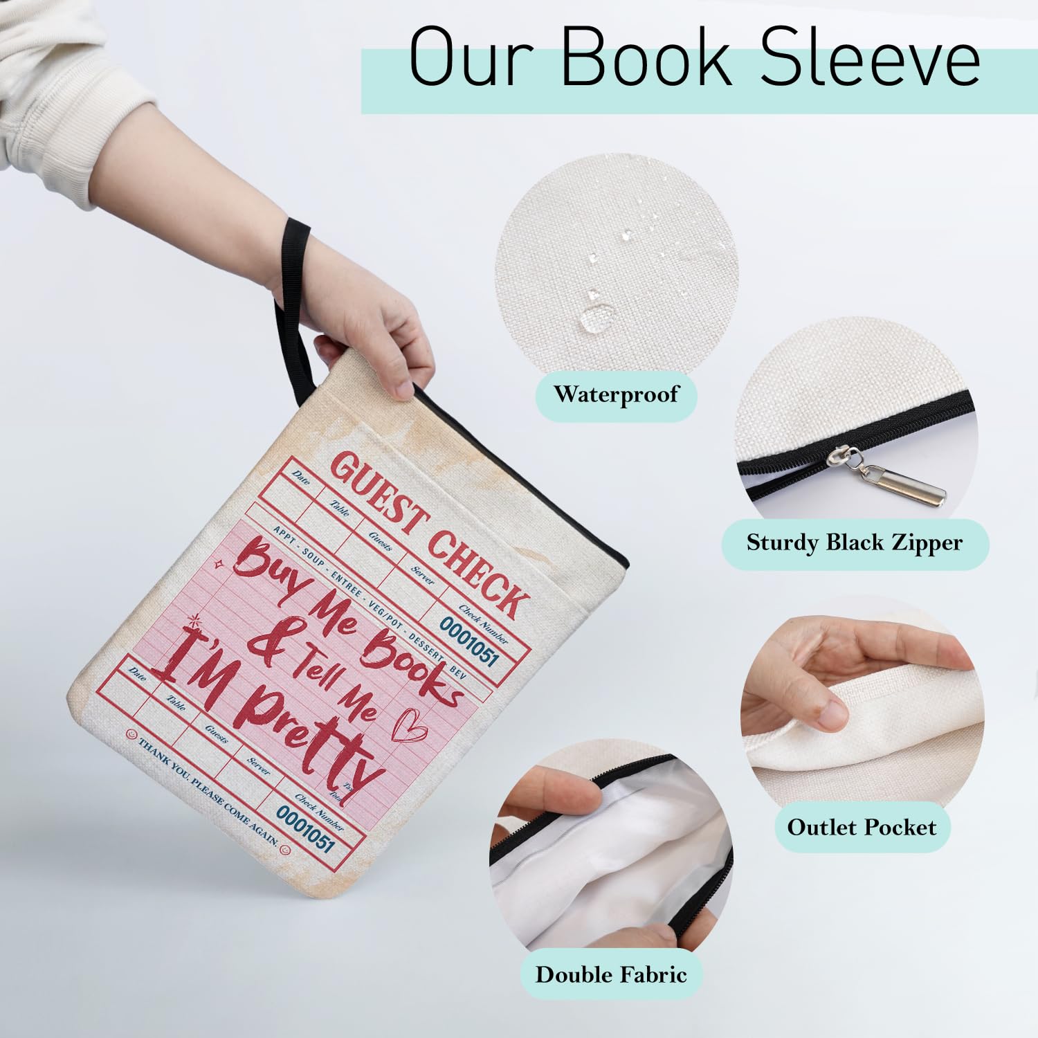 Vintage Guest Check Pattern Book Sleeve for Book Club Gifts with Zipper and Handle Front Pocket for Travel — view 3