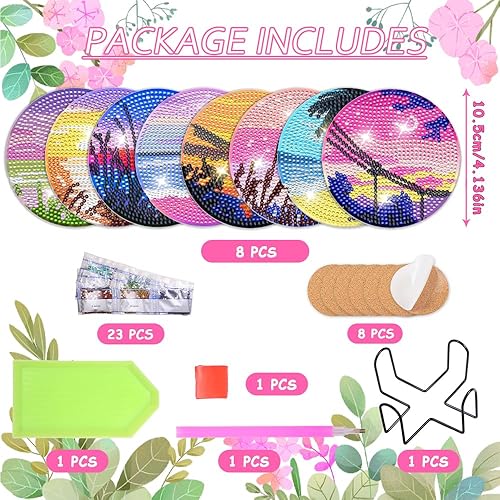 Miniatura 9 de Juego de 8 posavasos de pintura de diamantes con soporte de base de corcho, tema de playa, playa, mar, vida costera, kit de pintura de diamantes