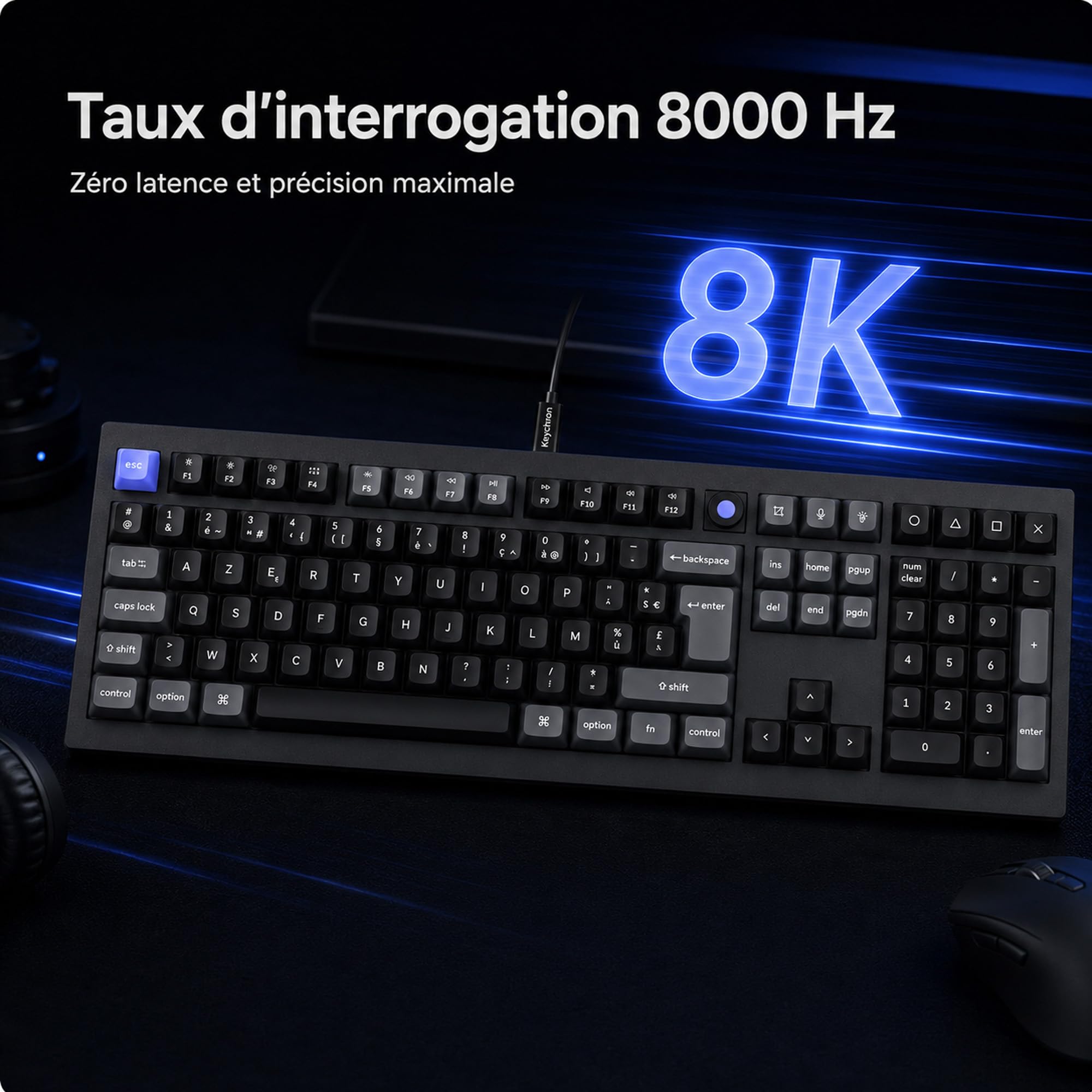Keychron Q6 HE 8K Clavier Mécanique de Jeu Fil avec Switch Magnétiques Lime Ultra-Fast, Format Pleine Taille AZERTY, Doubles Injections OSA PBT, RGB Personnalisable Hot-Swap pour Windows/Mac - Noir