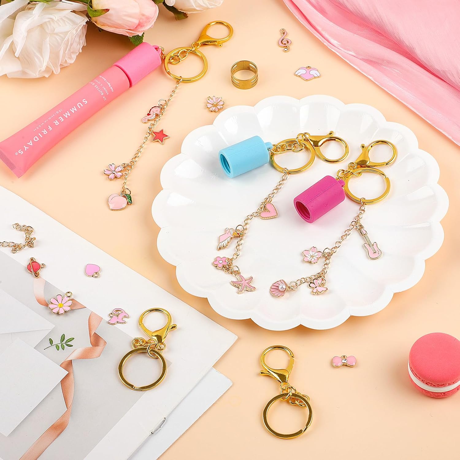 Pengxiaomei 135 Pcs Pink DIY Keychain Making Kit, 4 Pcs Lip Gloss Keychains Cap for Summer Fridays Bag Charm Kit with Pink Ornaments Jewelry Accessory Galentines Day Gifts - Image 5