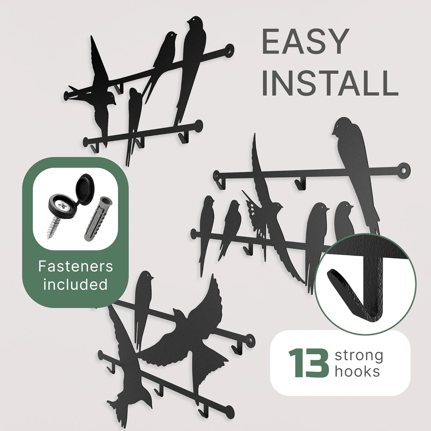 Entrance Wall Mounted Coat Rack 3pcs Metal Design Style Birds 23x40 Inches - Heavy Duty Hallway Hanger Hooks for Kids and Adults, Decorative Art Deco Iron Wardrobe Holder, Slim Stylish Steel Panels