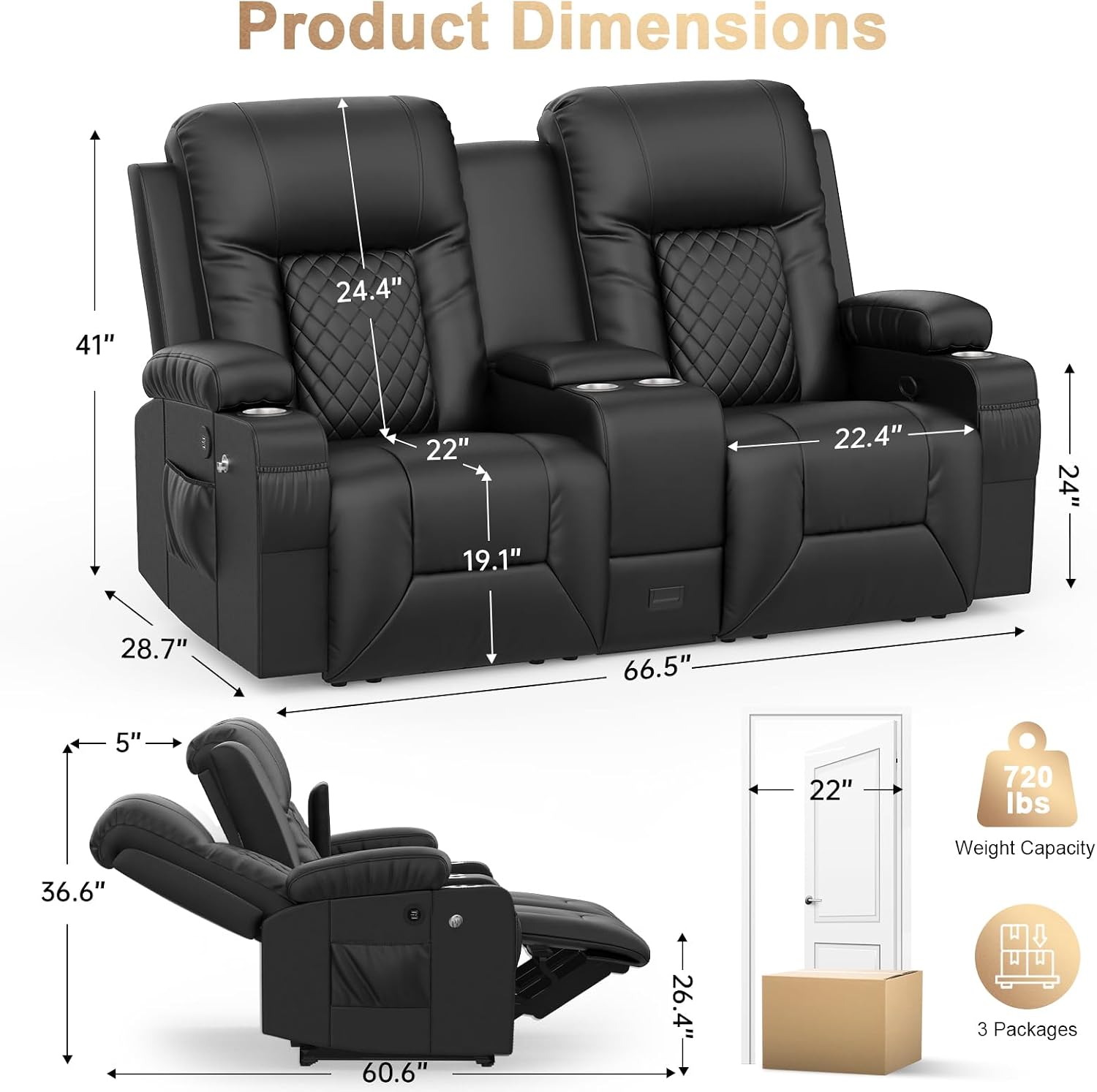 Reclining Loveseat with Center Console USB Ports Phone Holders Storage Wall Hugger Design