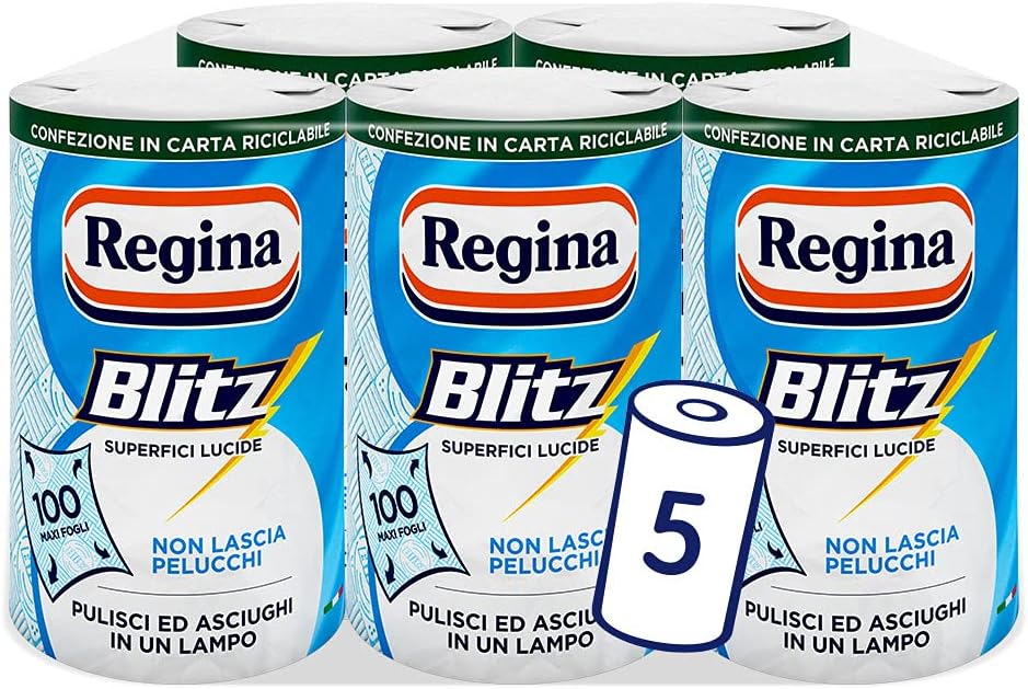 Regina Blitz Casa Paper, Pack of 5 Rolls, 500 Maxi 3-Ply Sheets, Recyclable Paper, Clean and Dry in a Flash, 100% FSC Certified Paper