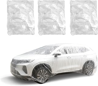 3 Pieces Non-Reusable Car Cover with Elastic Band, Clear PE Full Exterior Car Covers, Indoor Outdoor Garage Snow Rain Vehicle Protection Large (15.7 Ft x 24.6 Ft)