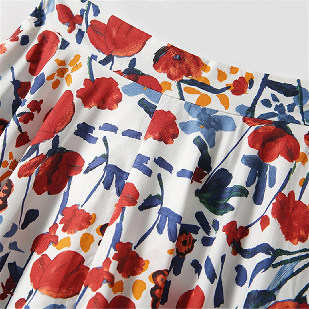 Women's Floral High-Waisted A-Line Chiffon Skirts Ladies Beach Pleated Skirts Sweet Tulle Skirt