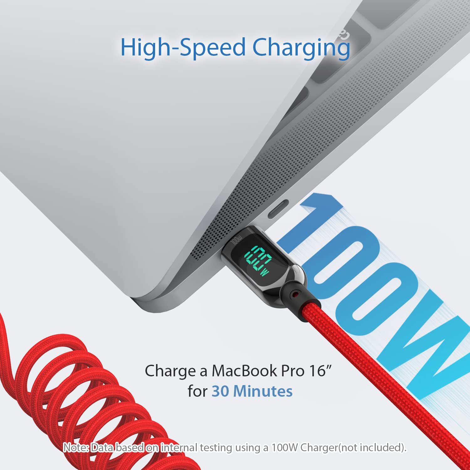 SOOPII Coiled USB C Cable, 100W USB C to USB C Cable Fast Charge, 6FT Nylon Braided Type-C Cable with LED Display for lPad Air/lPad Pro, MacBook Pro, Samsung Galaxy S21,and Other USB C Devices (Red)