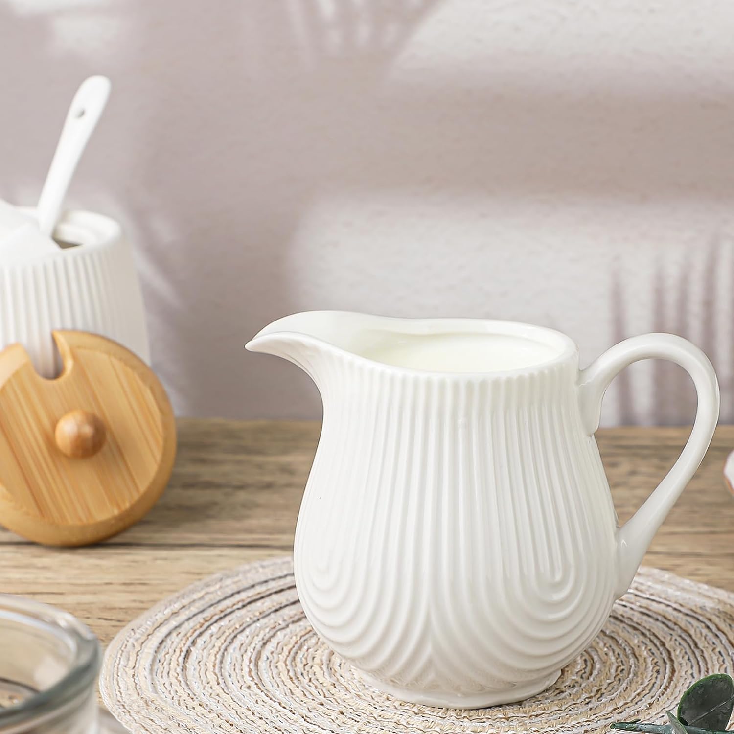 Ceramic Sugar and Creamer Set,10oz Sugar Bowl with Lid,8.5oz Cream Pitcher