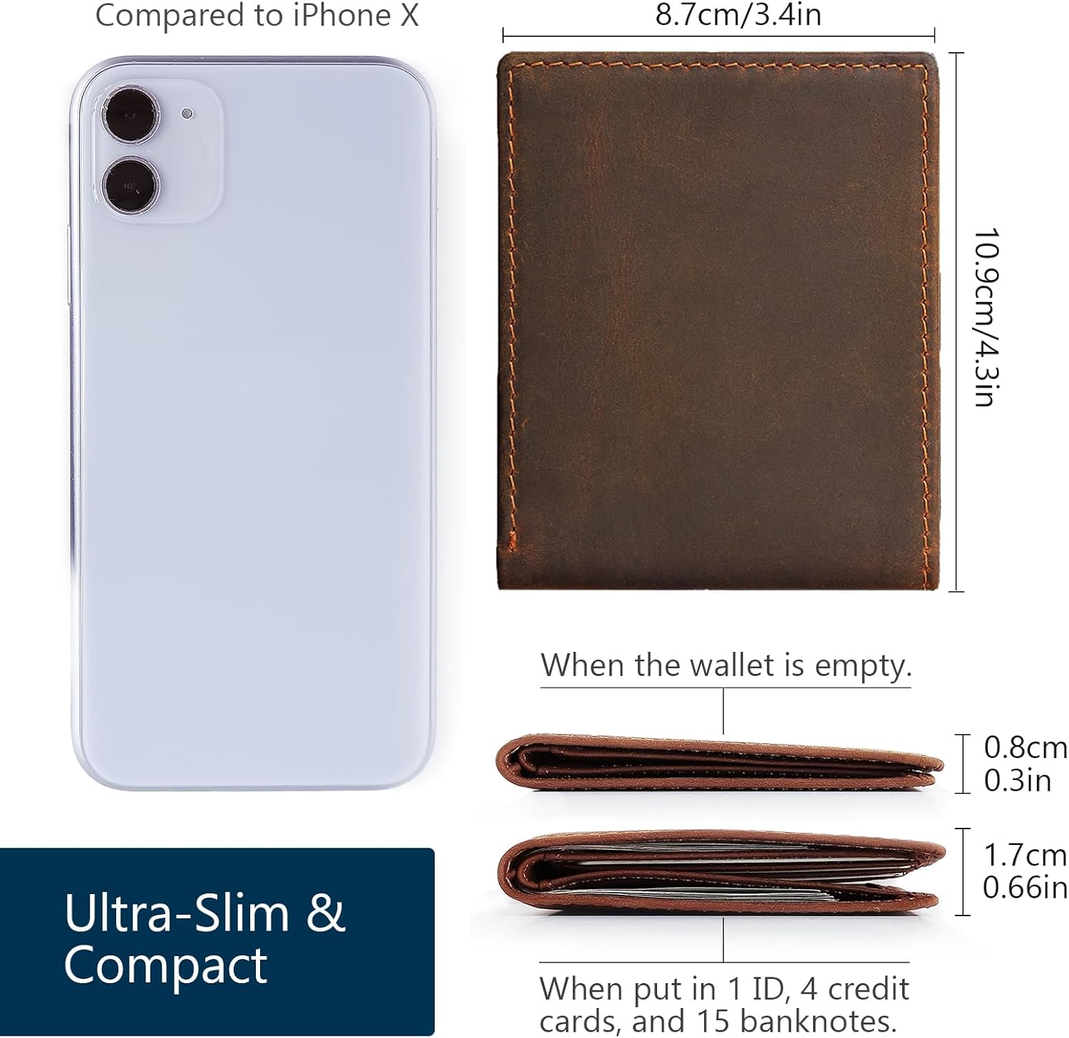 Men's Slim Front Pocket Bifold Wallets Full Grain Leather RFID Blocking with ID Window & Gift Box, Simple Design Minimalist Picture Holder for Men (Coffee) - Image 2