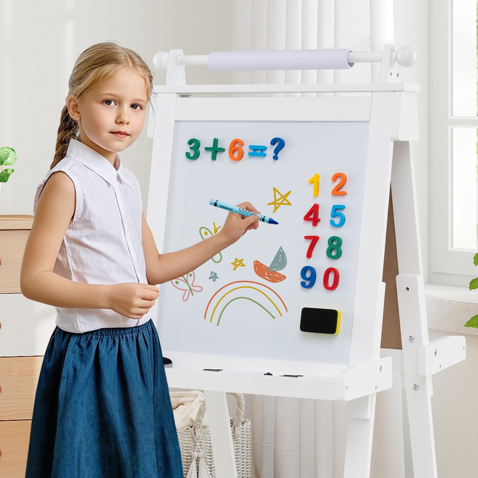 COSTWAY Tableau Enfant Double Face avec Hauteur Réglable & Rouleau de Papier Remplaçable, Chevalet Magnétique Pliable avec Tableau Noir & Blanc, 3 Pots & 3 Plateaux pour Enfant de 3 Ans+ (Blanc)
