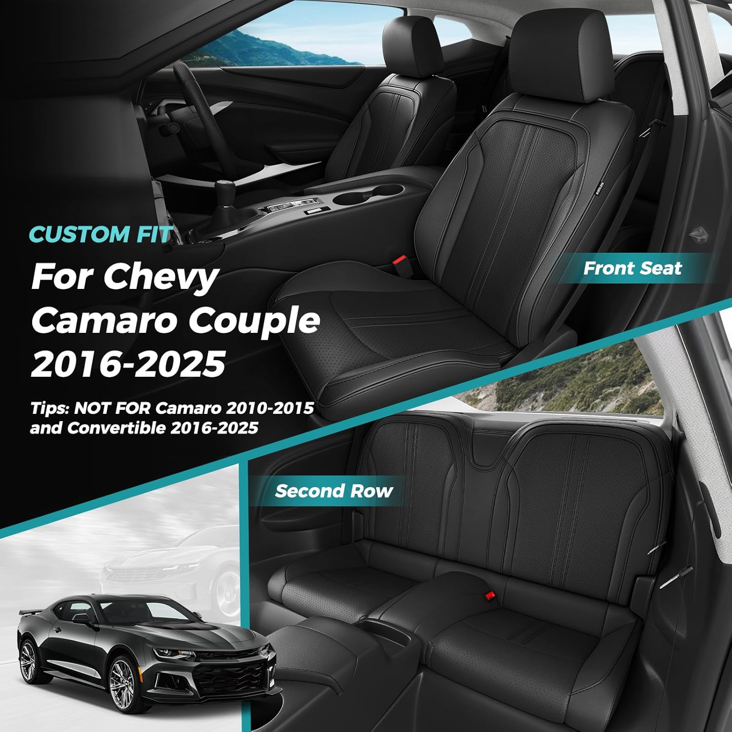 for Chevy Camaro 2016-2024 Seat Covers Full Set, Custom Fit 6th Gen Camaro LT LS RS SS ZL Coupe, Premium Faux Leather Waterproof Car Protector Cushion(Black)