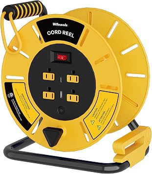 Extension Cord Storage Reel with 4-Grounded Outlet & 2 USB Port, 15A Circuit Breaker, Heavy Duty Open Cord Reel for 12/3,14/3 Gauge Power Cord, Hand Wind Retractable,ETL Listed Yellow Y85CR06