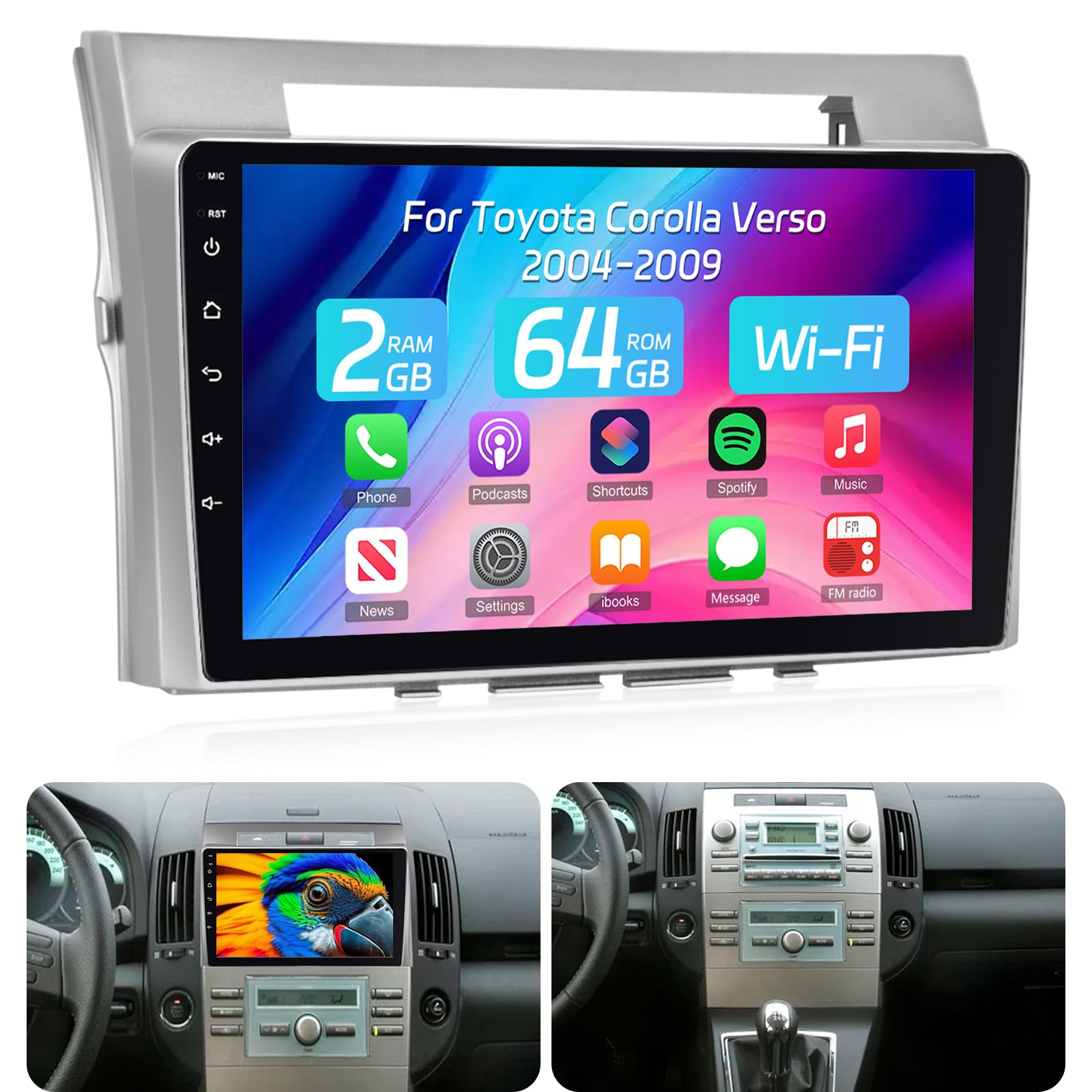 NHOPEEW 2+64G Radio Android 9 Pouces pour Toyota Corolla Verso 2004-2009 - Wireless CarPlay & Android Auto, Navigation GPS, Contrôle du Volant, FM RDS + Caméra de Recul