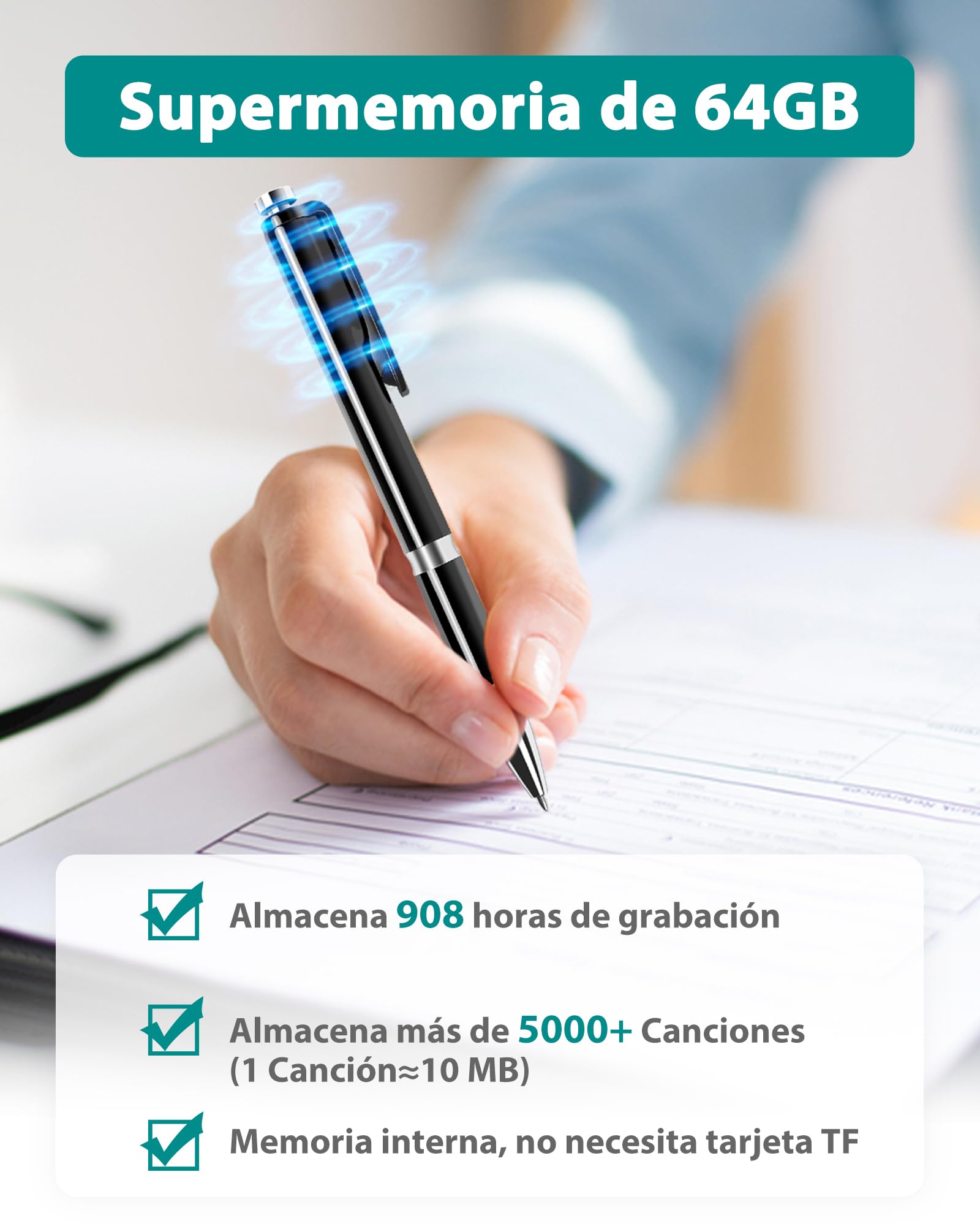 64GB Grabadora de Voz, Grabadora Voz Activada por Voz con Capacidad de Grabación de 908 Horas, Grabadora Digital para Reuniones Clases