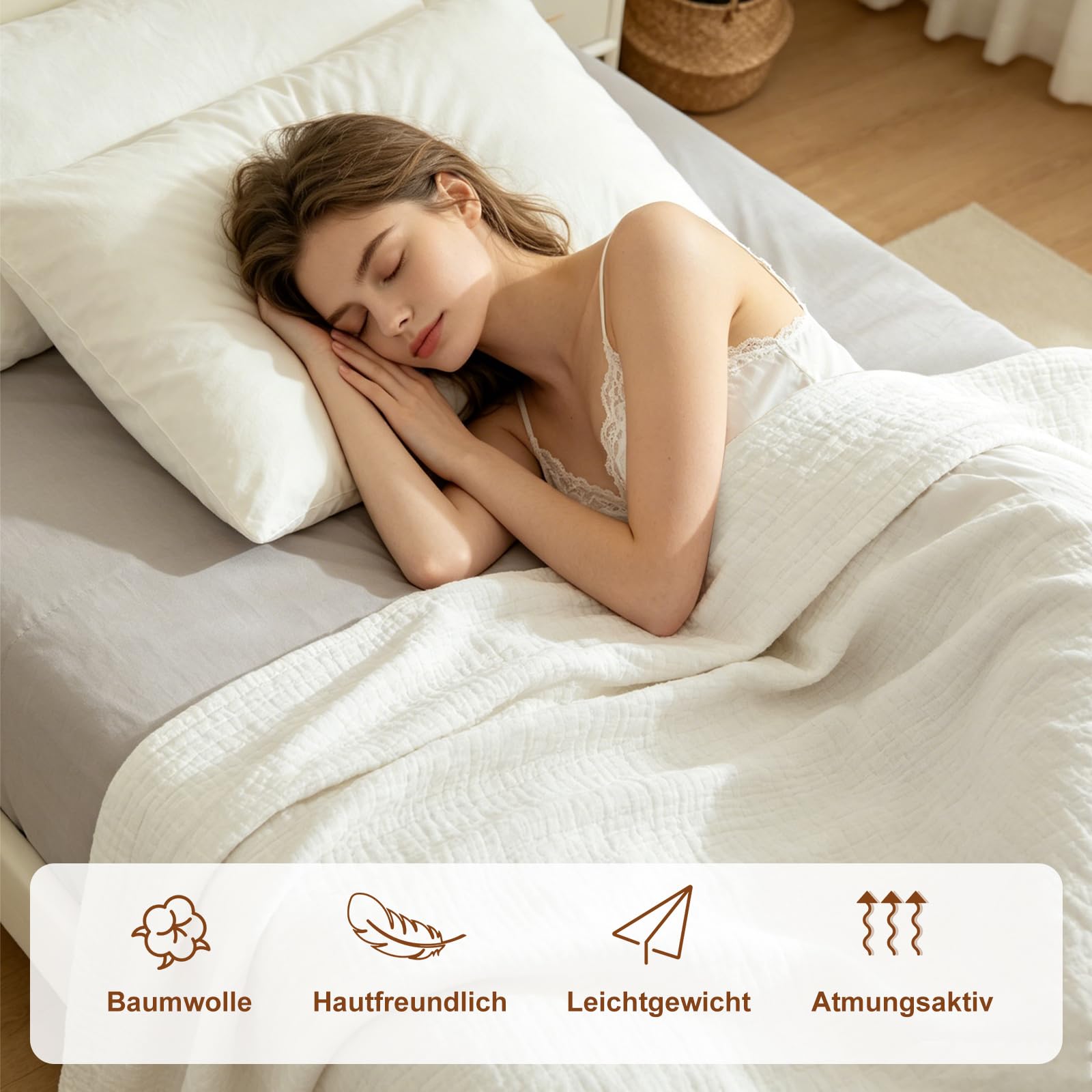 Musselin Decke 150x200 cm, Muselindecke Erwachsene 6-Lagige Atmungsaktive Weiche Baumwolldecke, Sommerdecke für Chlafzimmer, Wohnzimmer, Couch, Weiß