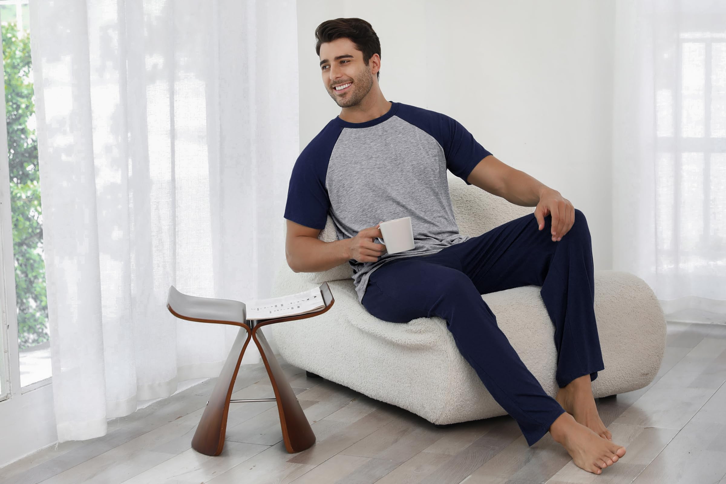 Bresdk Pyjama Homme Coton Ensembles de Pyjamas à Manches Courtes et Pantalons Vêtements de Détente Deux Pièces Confortable Doux
