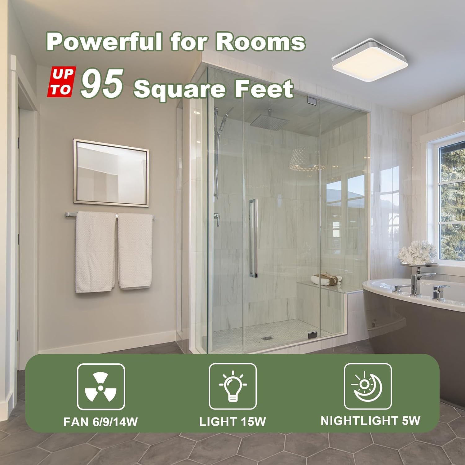 Akicon Bathroom Exhaust Fan with Light, 50-80-100 CFM DC Motor, 1.2 Sones 3CCT LED Light 2700K/4000K/5500K with 7W Night Light Quiet Energy Saving Ceiling Fan, Silver