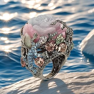 Gothic Flower Statement Ring for Women, Black Gold-Plated Lizard and Peo...