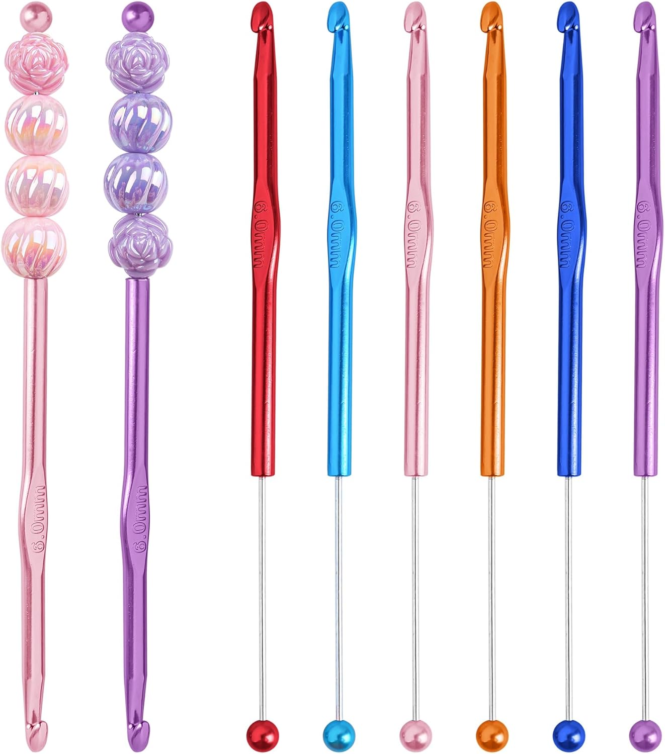 Framendino, 24 Pack Beadable Crochet Hooks 3 mm 4 mm 5 mm 6 mm Aluminum Knitting Needles Set for Crocheting Yarn 6 Colors