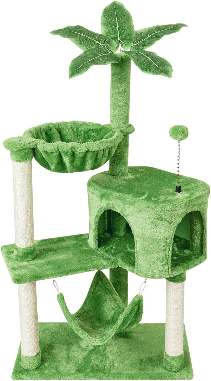 KIYUMI Cat Tree Cat Tower Condo with Sisal Scratching Post for Indoor Cats Tree Furniture with Hammock Perch and Kitten Ball Toys, Multi-Level Pet Activity Center (Green)