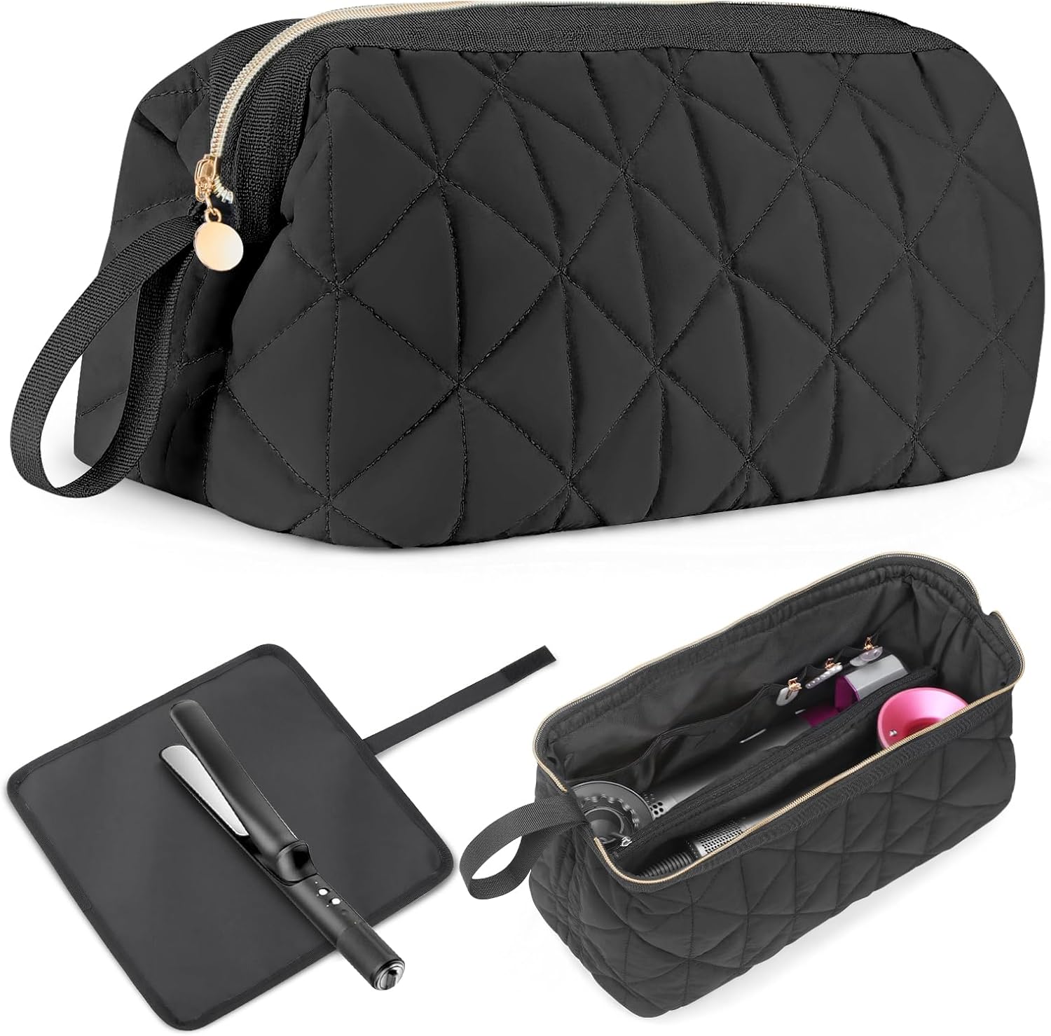 Hair Tools Travel Bag with Separate Heat Resistant Mat, Large Portable Organizer Bag for Women to Store Hair Dryers, Flat Irons, Curling Irons, Straighteners & Hair Accessories, Black