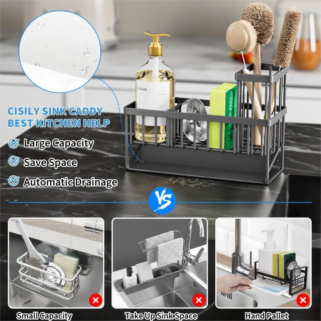 Cisily Sink Caddy Organzier with High Brush Holder, Sponge Holder for Sink, 304 Rustproof Stainless, Kitchen Countertop Soap Dispenser Organizer, Dark Gray Kitchen Decor and Accessories Dark Grey 9.25?