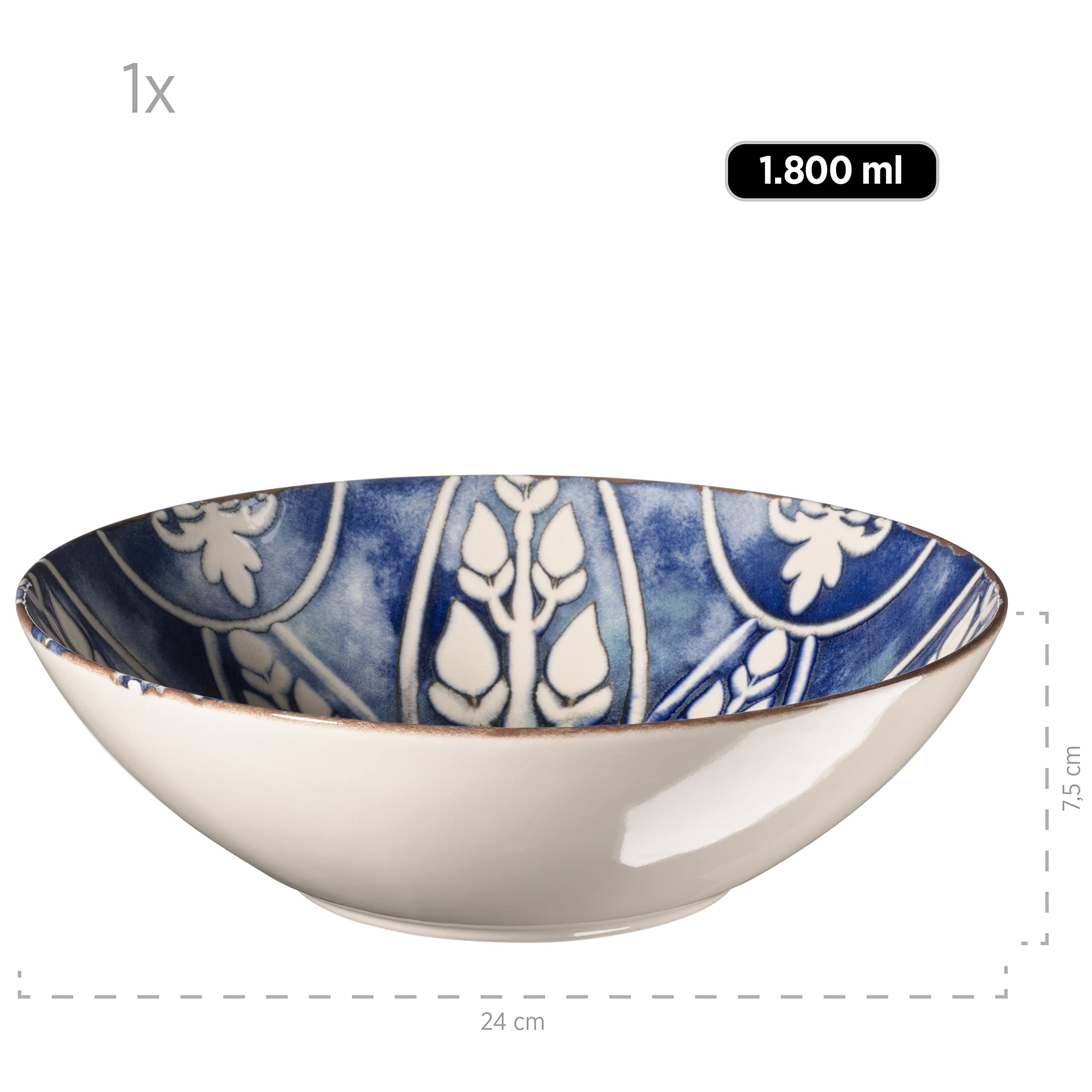 MÄSER 934018 Iberico Blue, set di 5 ciotole in stile morano, 1 insalatiera grande e 4 ciotole per insalata, cereali, zuppa o pasta, con diversi motivi vintage in bianco e blu, in gres